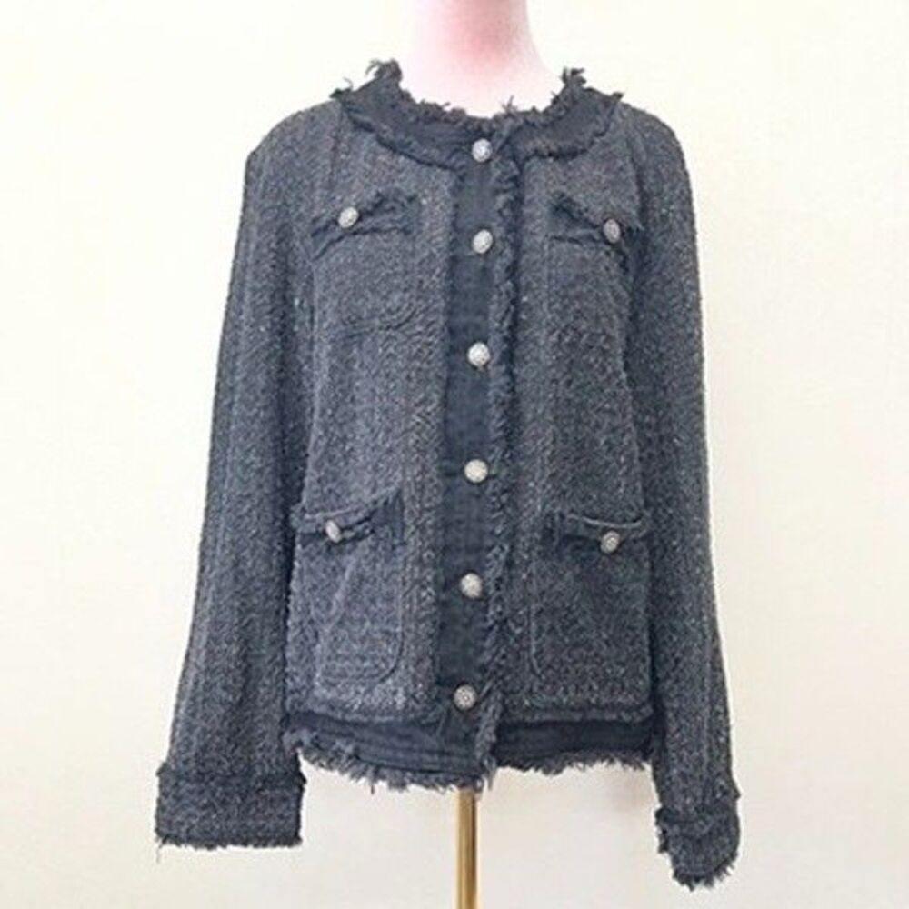 Place du Jour Black Frayed Trim Button Front Tweed Denim Jacket Womens Size XL
